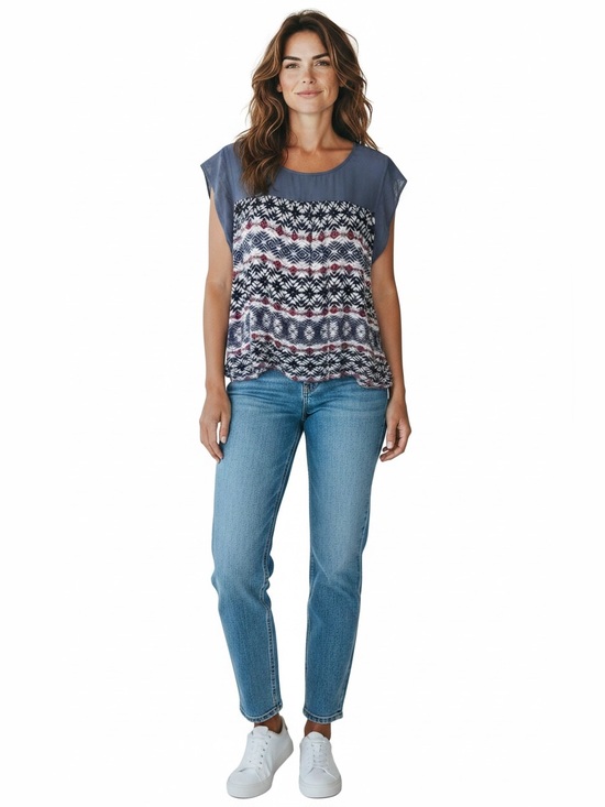 RXB Tops - RXB Navy Cap Sleeve Mixed-Print Blouse with Burgundy Accents
